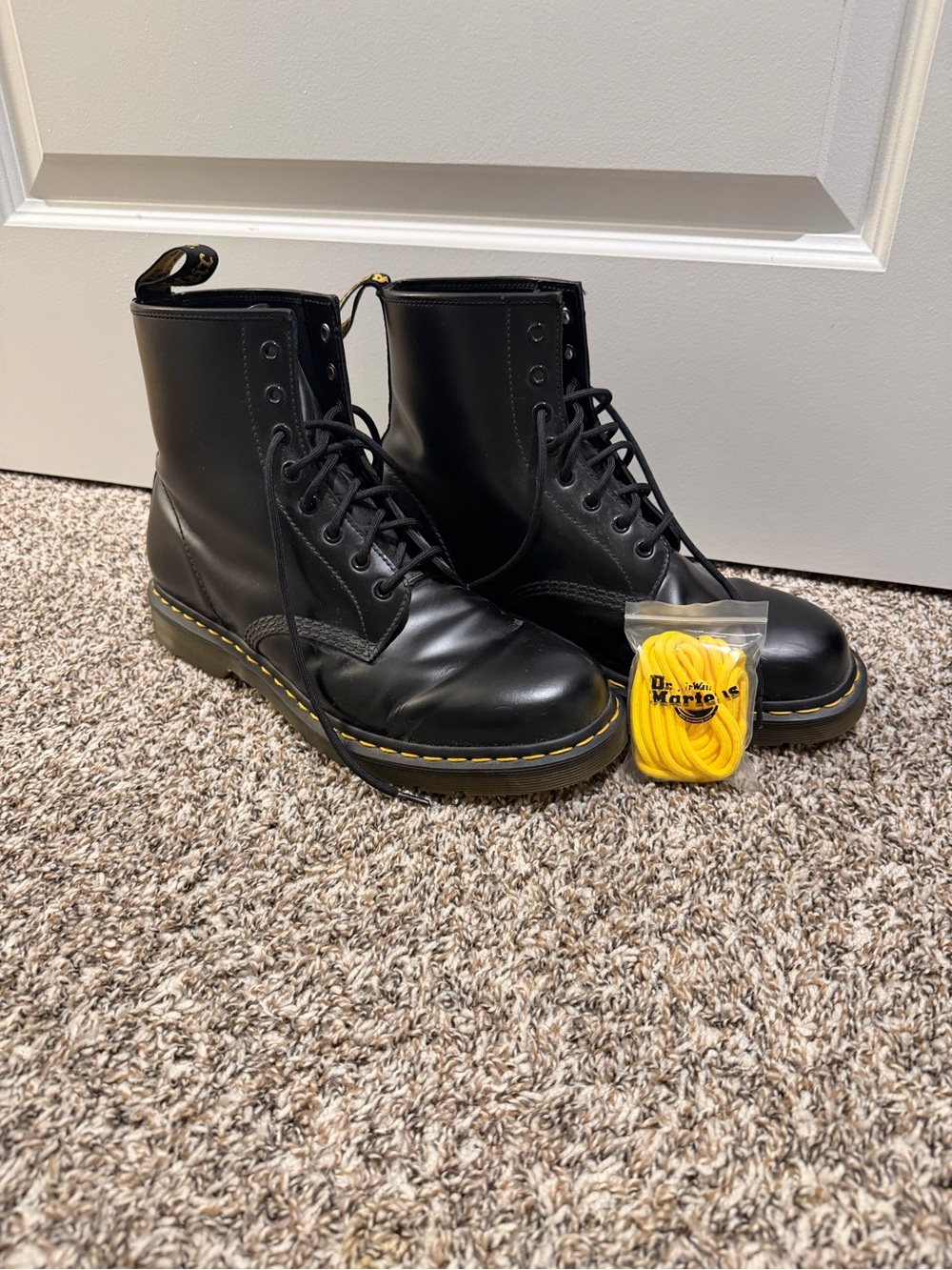 Dr. Martens Black Leather Lace-Up Boots with Yellow Accent